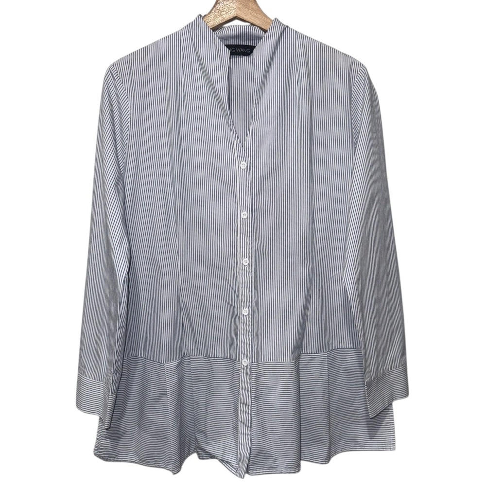 Ming Wang Striped Button Up Top Women Sz L Gray White Long Sleeve Peplum